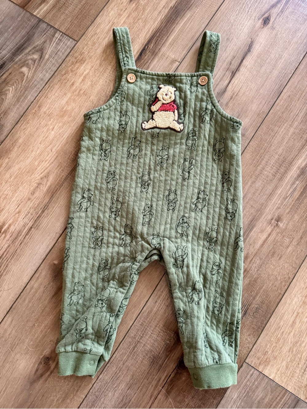 Disney Baby Sage Green Winnie the Pooh Quilted Overalls | EUC | Pooh Patch | 18m